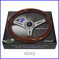 Universal 350mm OD Wood Grain Steering Wheel 6 Bolts 3-Spoke with Horn Button