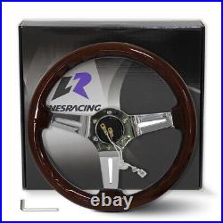 Universal 350mm OD Wood Grain Steering Wheel 6 Bolts 3-Spoke with Horn Button