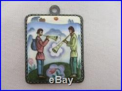 VINTAGE RUSSIAN SILVER with ENAMEL FIGURAL MEN PLAYING HORNS PENDANT