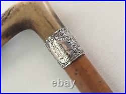 VINTAGE WALKING STICK WITH ANTLER HORN HANDLE AND SILVER CHASED BAND c1886
