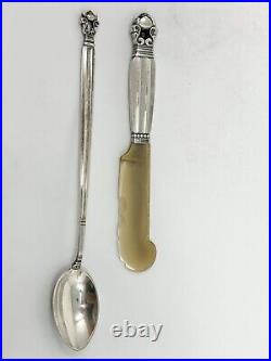 VTG Antique Georg Jensen Sterling Acorn Iced Tea Spoon & Pate Knife With Horn