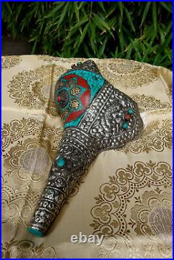 Very Large Shell-Horn IN Turquoise With tibetan Lucky Symbols 13 13/16in