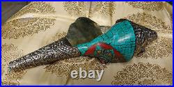 Very Large Shell-Horn IN Turquoise With tibetan Lucky Symbols 13 13/16in