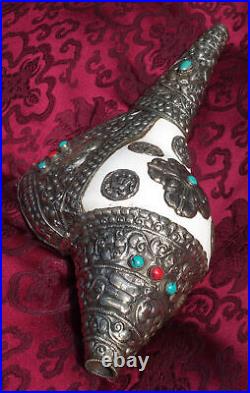 Very Large Shell-Horn With Fittings, tibetan Lucky Icon Silver 13 13/16in