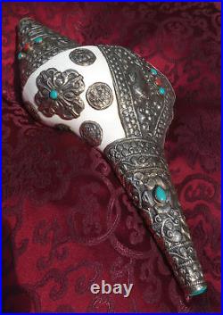 Very Large Shell-Horn With Fittings, tibetan Lucky Icon Silver 13 13/16in