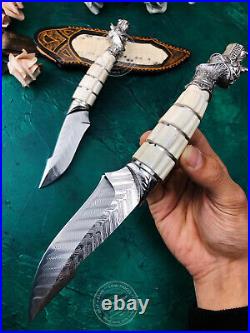 Vg10 Damascus Survival Camping Hunting Knife Fixed Blade Stag Horn Dragon Sheath