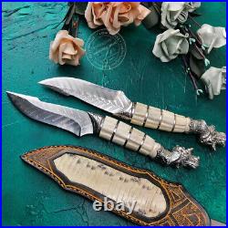 Vg10 Damascus Survival Camping Hunting Knife Fixed Blade Stag Horn Dragon Sheath