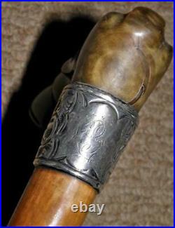 Victorian Equestrian Bovine Horn Horse Leg/Hoof H/M Silver Walking Stick/Cane