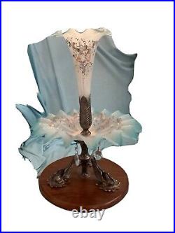 Victorian Glass Turquoise And White Single Horn Epergne With Silver & Wood Base
