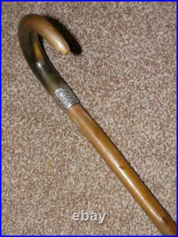Victorian Hallmarked 1889 Repousse Silver Walking Cane With Bovine Horn Crook