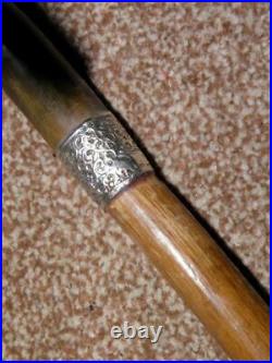 Victorian Hallmarked 1889 Repousse Silver Walking Cane With Bovine Horn Crook