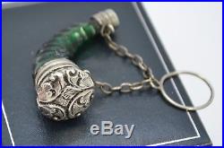 Victorian SOLID SILVER & Green Glass HUNTING HORN Shaped SCENT BOTTLE with Loop