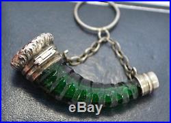Victorian SOLID SILVER & Green Glass HUNTING HORN Shaped SCENT BOTTLE with Loop