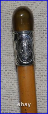 Victorian Walking Stick / Cane Hallmarked 1890 Silver Collar Bovine Horn Handle