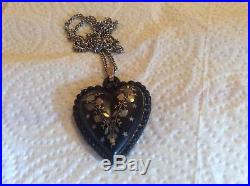 Victorian heart jet or horn and silver with inlaid mother of pearl 15.5g