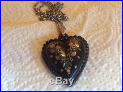 Victorian heart jet or horn and silver with inlaid mother of pearl 15.5g