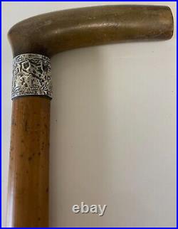 Victorian silver mounted malacca cane walking stick 1895 with polished horn grip