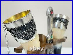 Viking Drinking Horn with Stand for Wedding, Groomsmen, Best Quality, Engraved