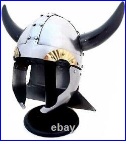 Viking Warrior Helmet with Real Horns Medieval Costume Metallic