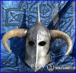 Viking larp medieval steel knight DARK LORD Fantasy Helmet With Horns Halloween