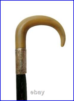 Vintage 19th Century Walking Stick With Horn Handle Silver Nick