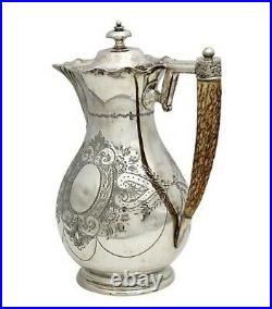 Vintage Antique English Victorian Silver plate Wine Ewer with Horn Handle