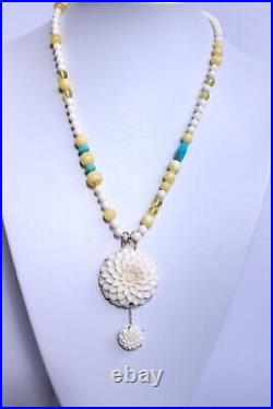 Vintage Carving Horn Pendant Chrysanthemum with Amber & Turquoise Beads Necklace