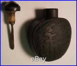 Vintage Chinese Carved Ox Yak Horn Snuff Bottle with Stand and Silver Spoon
