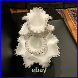 Vintage Fenton Silver Crest Milk Glass 4-Horn Epergne with Clear Ribbon Edge