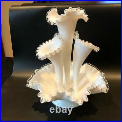 Vintage Fenton Silver Crest Milk Glass 4-Horn Epergne with Clear Ribbon Edge