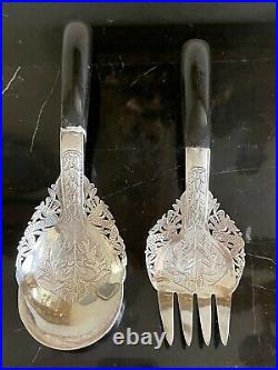 Vintage Malaysian Mohd Salleh Silver Serving Fork and Spoon with Horn Handles