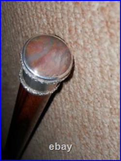 Vintage Maple Walking Cane Silver Translucent Marble Top & Bovine Horn Ferrule