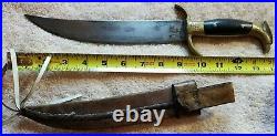 Vintage Mexican Bowie Fighting Knife With Leather Sheath and Brass Horn Handles