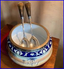Vintage Noritake Bedouin porcelain salad Bowl with English Horned EPNS spoons