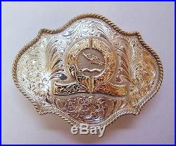 Vintage Ornate Sterling Silver Belt Buckle By Broken Horn With Gold Accent