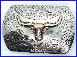 Vintage Ricardo 10K Gold & Sterling Silver Long Horn Buckle With Ruby Eyes