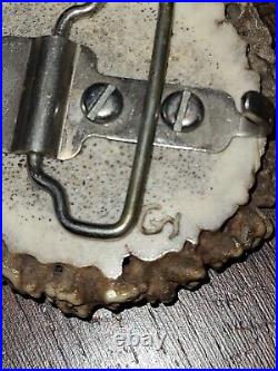 Vintage Signed Antler Horn With Inlaid Silver Eagle Head Belt Buckle Sterling