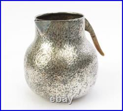 Vintage Silver Plateado Hammered Water Pitcher with Horn Handle Mexico 7.5 tall