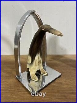 Vintage Unique Chrome Bookends With Carved Horn Penguins