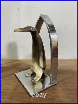 Vintage Unique Chrome Bookends With Carved Horn Penguins