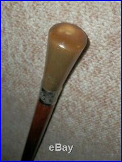 Vintage Walking Stick Bovine Horn Top With H/m Silver Collar B'ham 1944 W. S. W