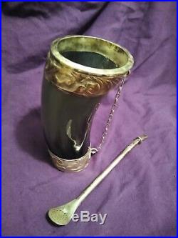 Vintage Yerba Horn Capped in Sterling Silver with Silver Bombilla /Custom Case
