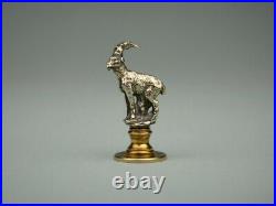 Vintage silvered bronze wax seal with big horn goat figure