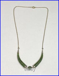 Vtg 925 Double Horn Green Jade Gold Tone Necklace 17? Hallmarked With Ladybug