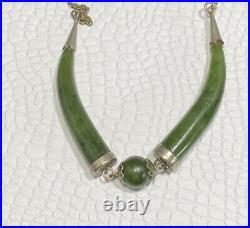 Vtg 925 Double Horn Green Jade Gold Tone Necklace 17? Hallmarked With Ladybug