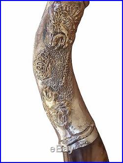 Yemenite Kudu Horn Shofar 28- 30 Inch Coated With Silver Lion Of Judah Plates