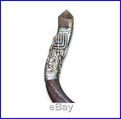 Yemenite Kudu Horn Shofar 30 32'' Silver Coated Lion Of Judah With Menorah